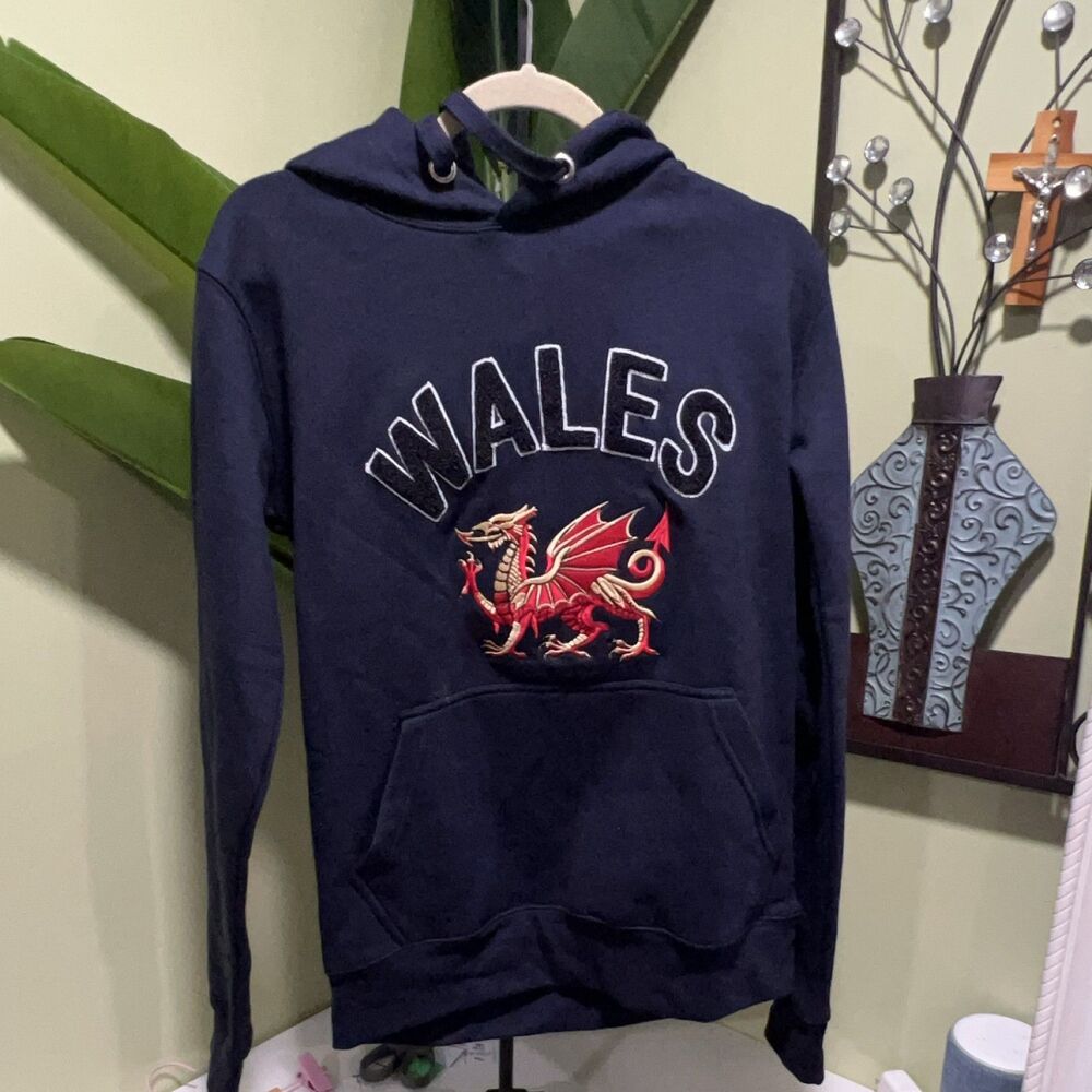 Manav Wales Welsh Dragon Embroidered Hoodie Navy Blue S